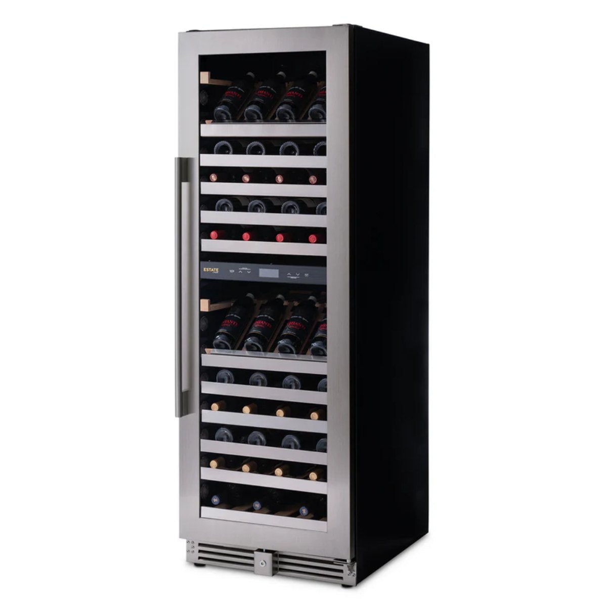 Newair ESTATE 160 Bottle Wine Fridge – 29" Stainless Steel - Front Right View - Loaded Shelves