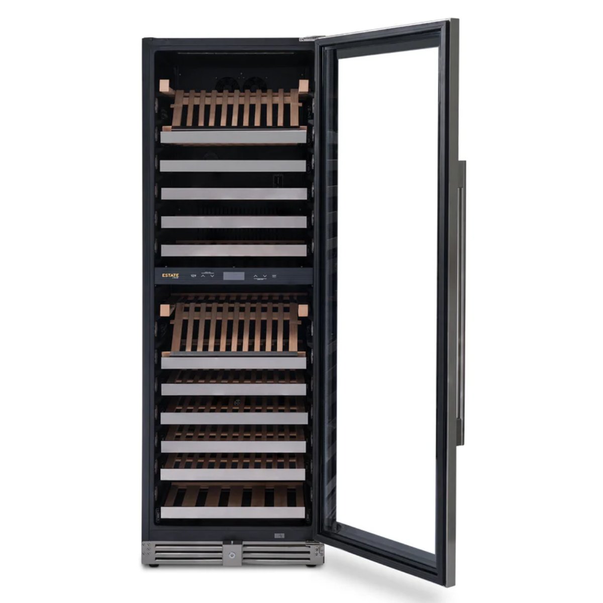 Newair ESTATE 160 Bottle Wine Fridge – 29" Stainless Steel - Front View - Empty Shelves - Opened