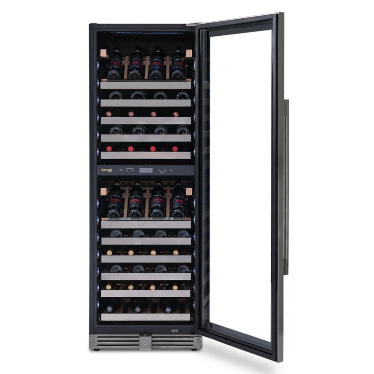 Newair ESTATE 160 Bottle Wine Fridge – 29" Stainless Steel - Front View - Loaded Shelves - Opened