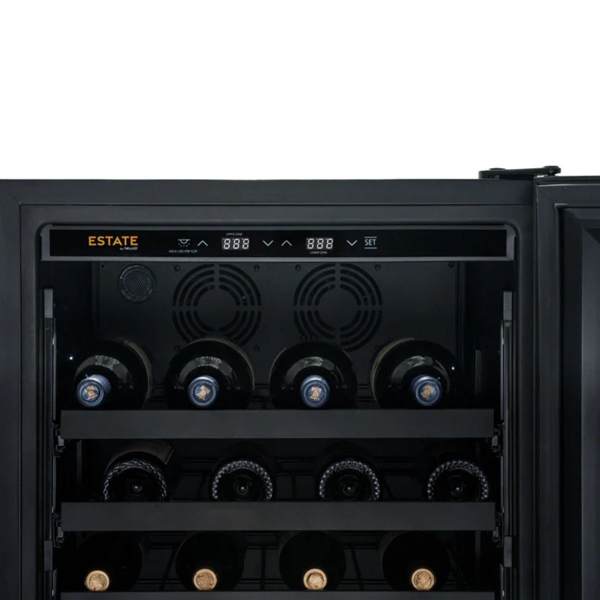 Newair ESTATE 24" Premium Dual Zone Wine Fridge & Beverage Center - Close up view of the controls with wines inside the fridge