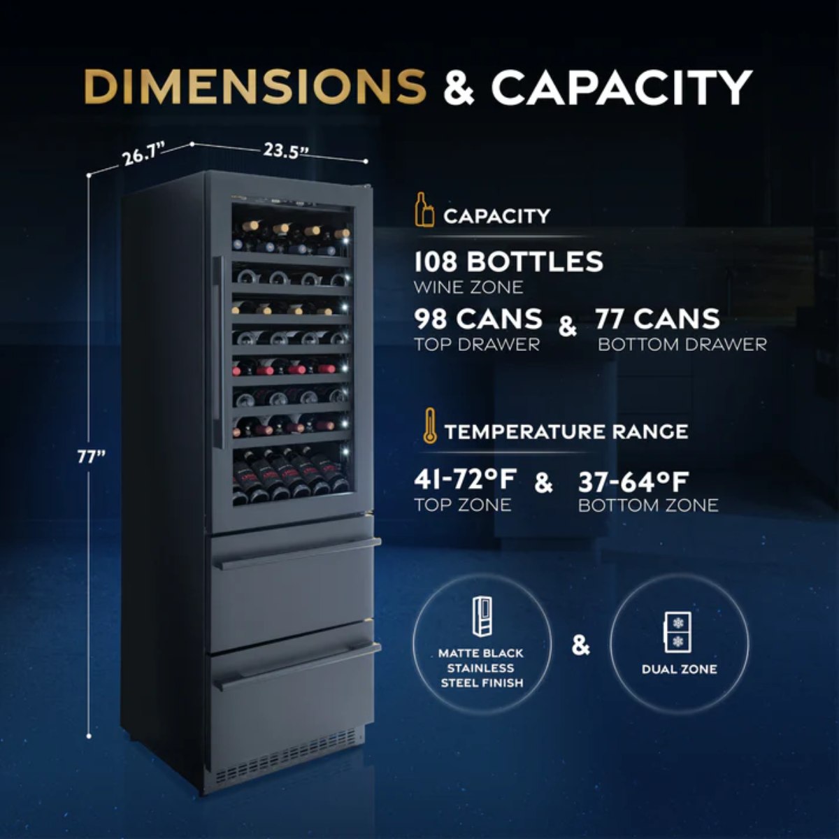 Newair ESTATE 24" Premium Dual Zone Wine Fridge & Beverage Center - Dimensions and Capacity of the Fridge Shown