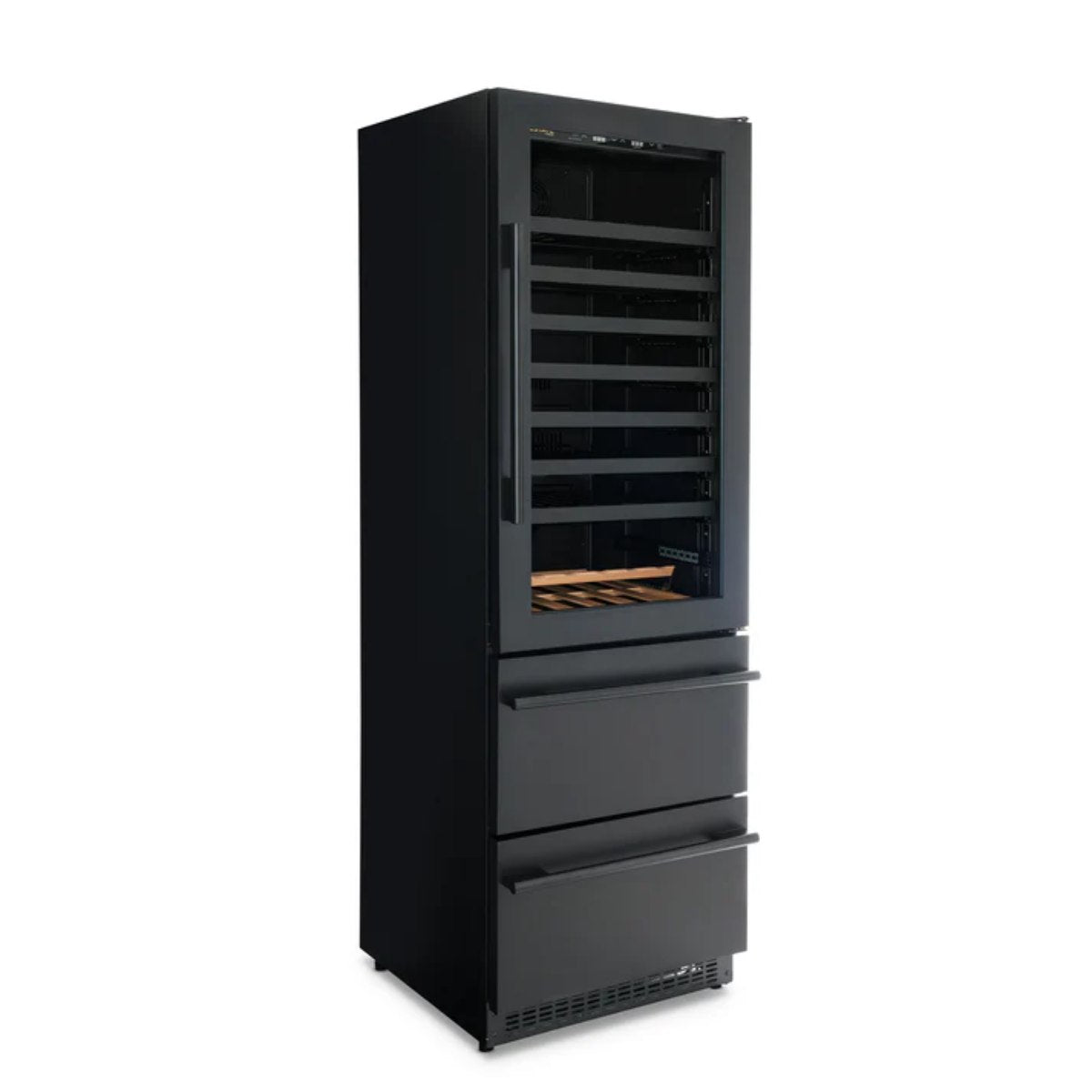 Newair ESTATE 24" Premium Dual Zone Wine Fridge & Beverage Center - Front Left View - Empty Shelves - Closed Door