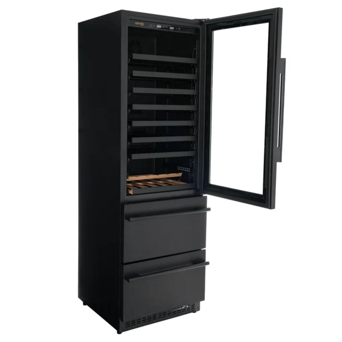 Newair ESTATE 24" Premium Dual Zone Wine Fridge & Beverage Center - Front Left View - Empty Shelves - Open Door - Close Cabinet