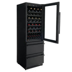 Newair ESTATE 24" Premium Dual Zone Wine Fridge & Beverage Center - Front Left View - Loaded Shelves - Open Door - Close Cabinet