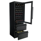 Newair ESTATE 24" Premium Dual Zone Wine Fridge & Beverage Center - Front Left View - Loaded Shelves - Open Door - Open Cabinet