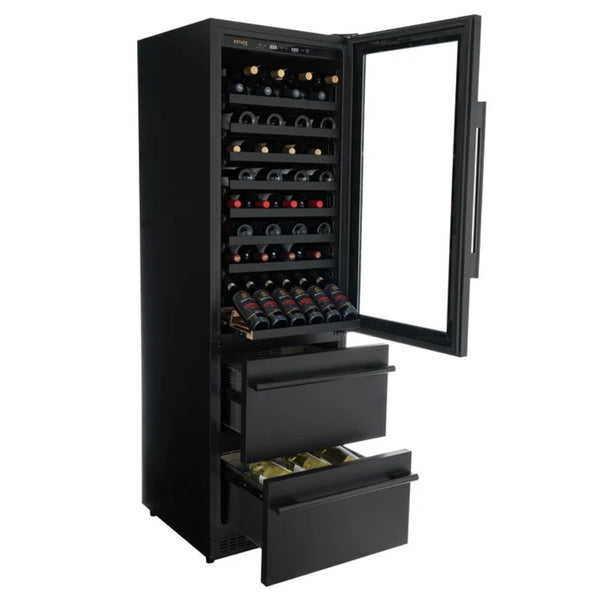 Newair ESTATE 24" Premium Dual Zone Wine Fridge & Beverage Center - Front Left View - Loaded Shelves - Open Door - Open Cabinet