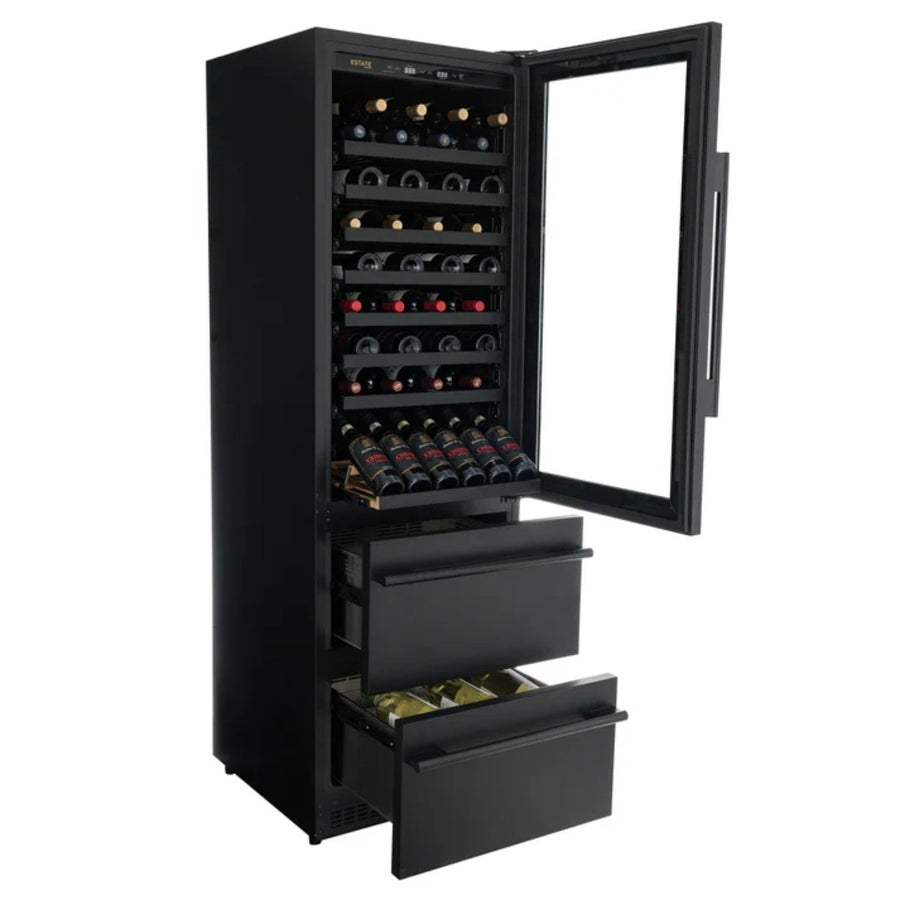 Newair ESTATE 24" Premium Dual Zone Wine Fridge & Beverage Center - Front Left View - Loaded Shelves - Open Door - Open Cabinet