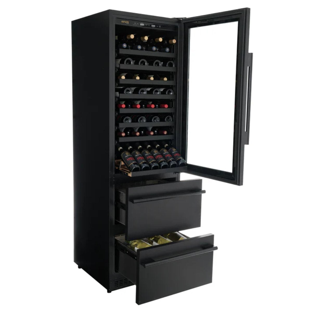 Newair ESTATE 24" Premium Dual Zone Wine Fridge & Beverage Center - Front Left View - Loaded Shelves - Open Door - Open Cabinet
