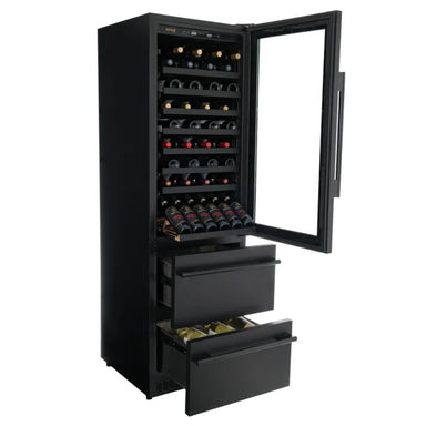 Newair ESTATE 24" Premium Dual Zone Wine Fridge & Beverage Center - Front Left View - Loaded Shelves - Open Door - Open Cabinet