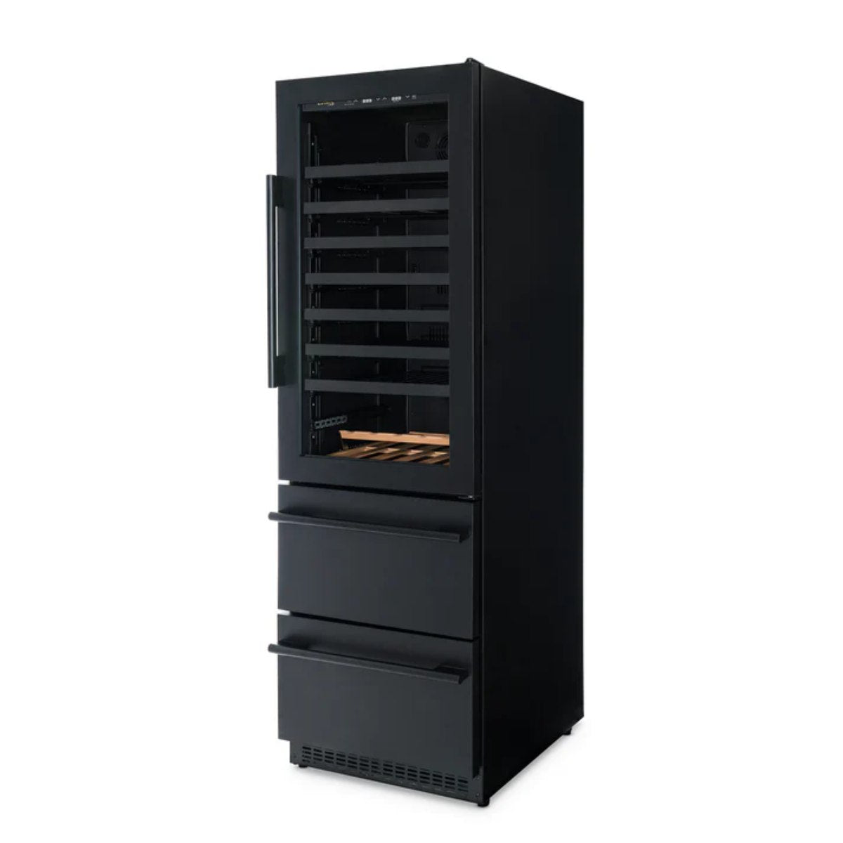 Newair ESTATE 24" Premium Dual Zone Wine Fridge & Beverage Center - Front Right View - Empty Shelves - Closed Door