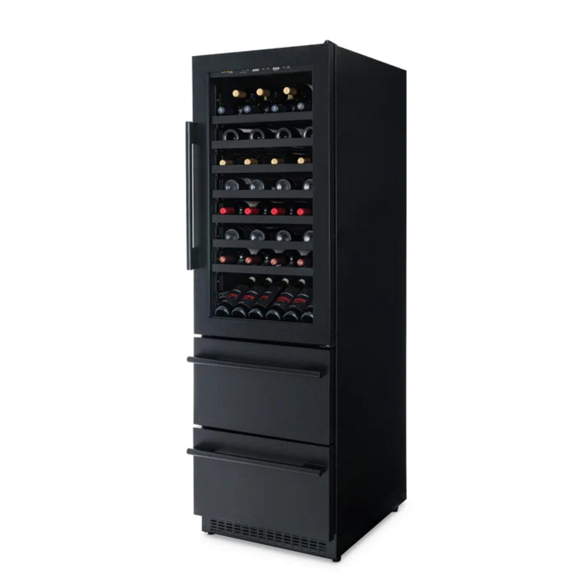Newair ESTATE 24" Premium Dual Zone Wine Fridge & Beverage Center - Front Right View - Loaded Shelves - Closed Door