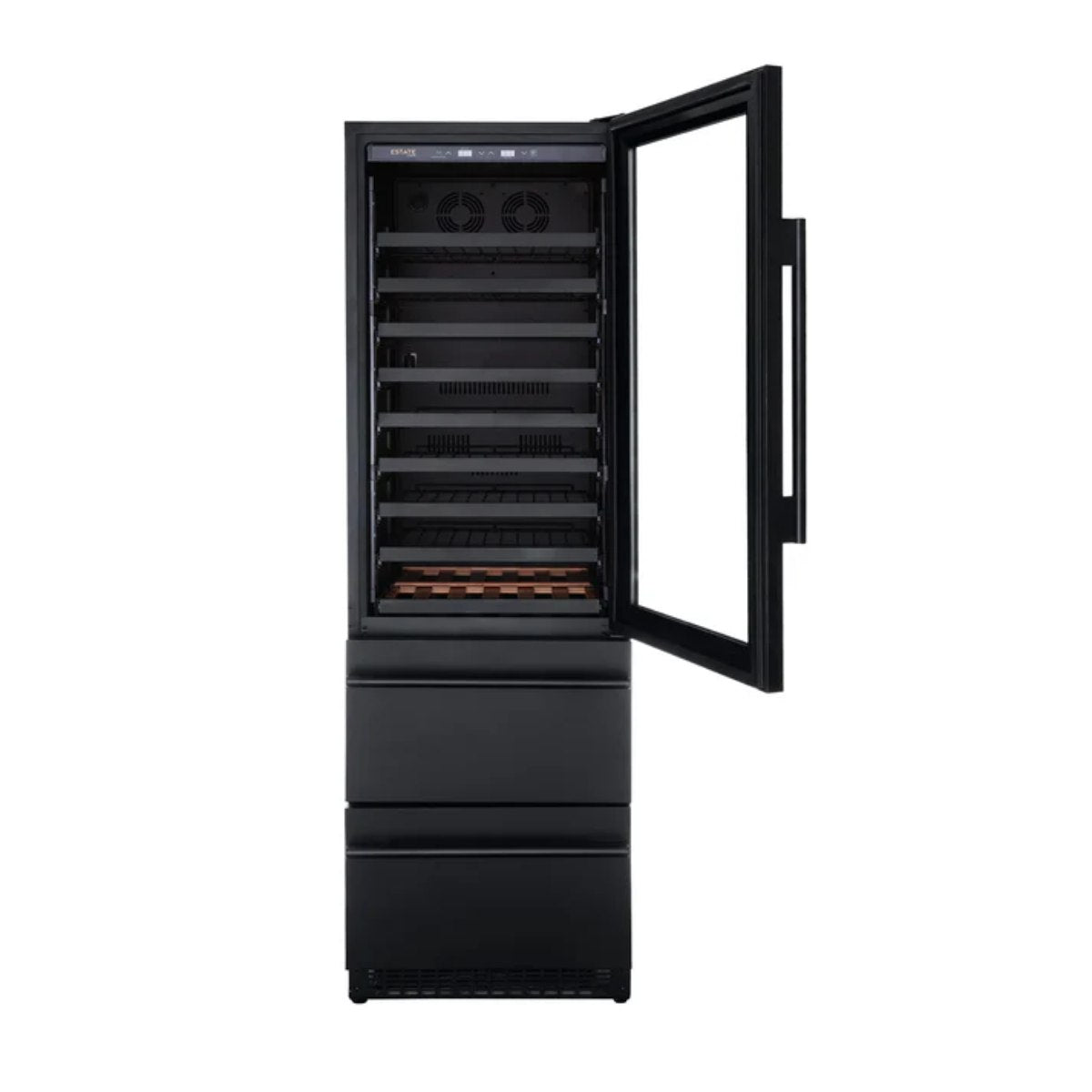 Newair ESTATE 24" Premium Dual Zone Wine Fridge & Beverage Center - Front View - Empty Shelves - Open Door