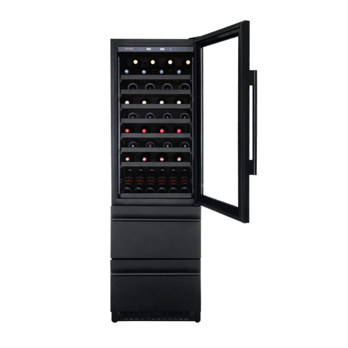 Newair ESTATE 24" Premium Dual Zone Wine Fridge & Beverage Center - Front View - Loaded Shelves - Open Door