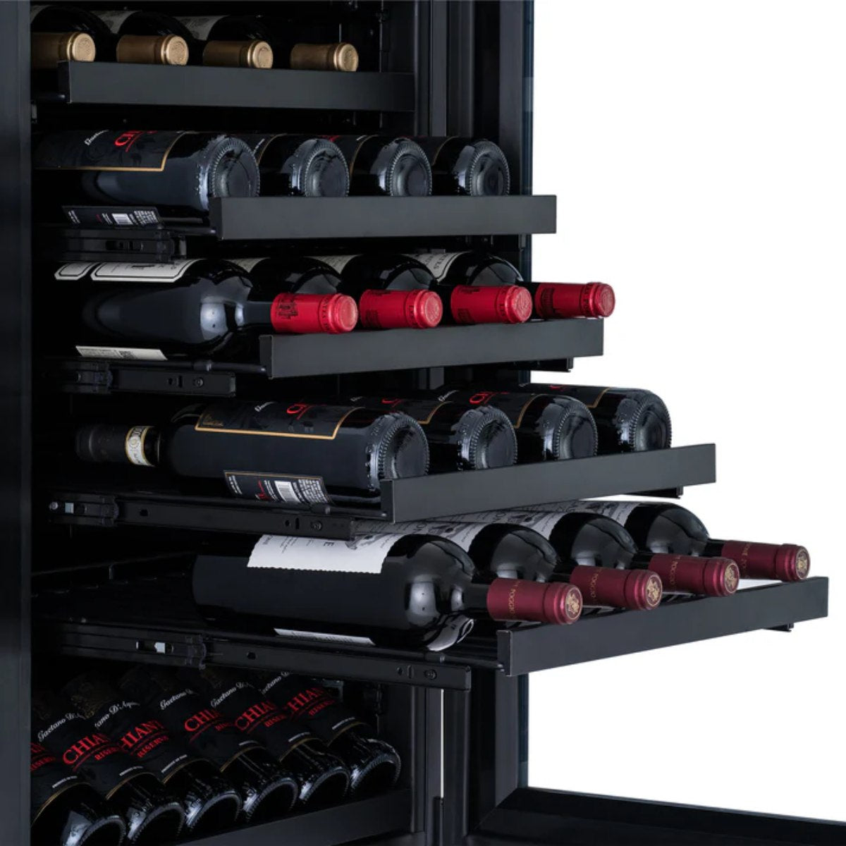 Newair ESTATE 24" Premium Dual Zone Wine Fridge & Beverage Center - Side View of the Adjustable Wine Racks of the Fridge