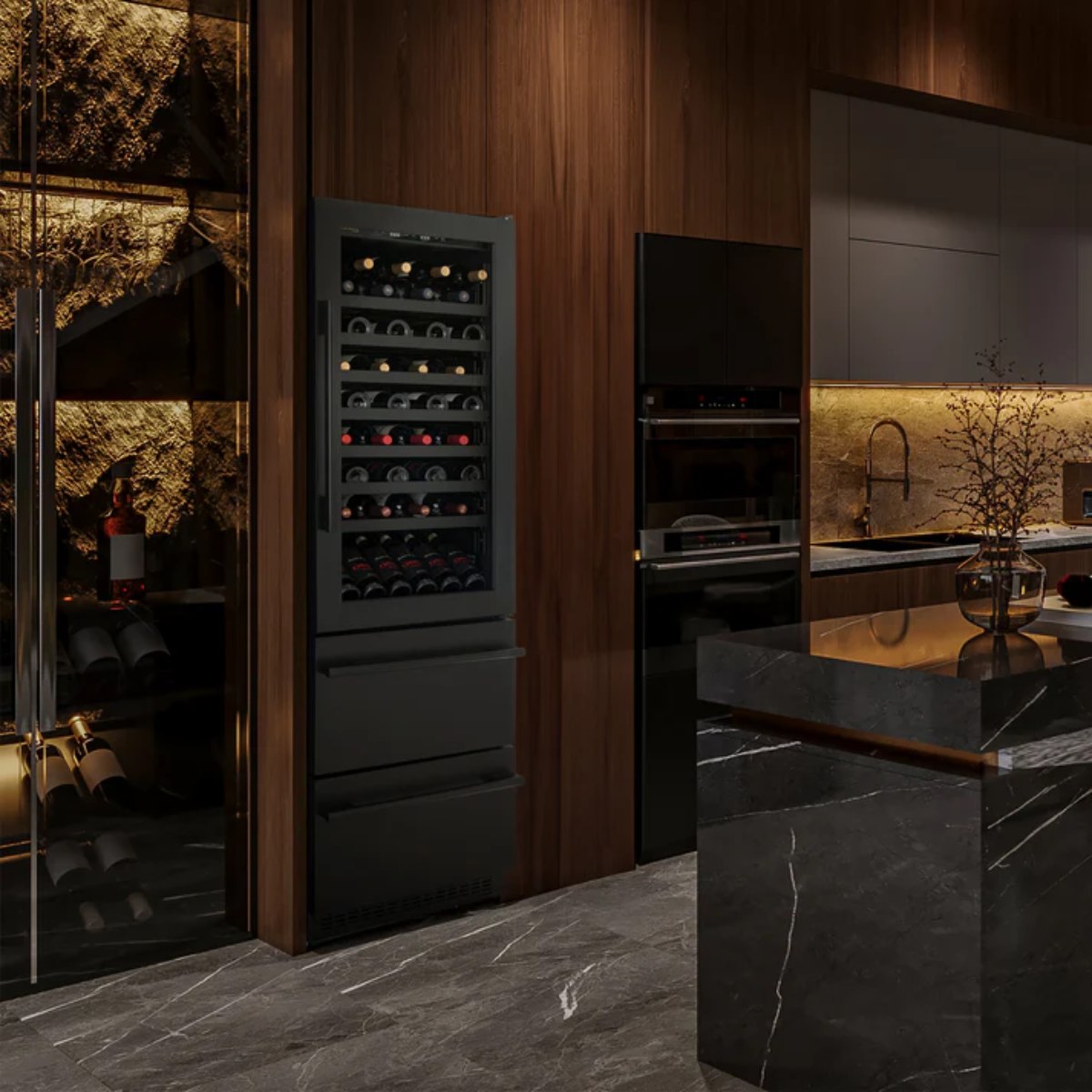 Newair ESTATE 24" Premium Dual Zone Wine Fridge & Beverage Center - Tall built-in wine fridge in a luxury modern kitchen