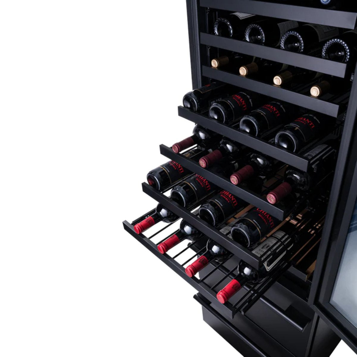 Newair ESTATE 24" Premium Dual Zone Wine Fridge & Beverage Center - Top View of the Adjustable Wine Racks of the Fridge