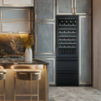 Newair ESTATE 24" Premium Dual Zone Wine Fridge & Beverage Center - built-in wine fridge in luxury kitchen with accents