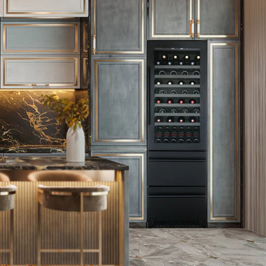 Newair ESTATE 24" Premium Dual Zone Wine Fridge & Beverage Center - built-in wine fridge in luxury kitchen with accents