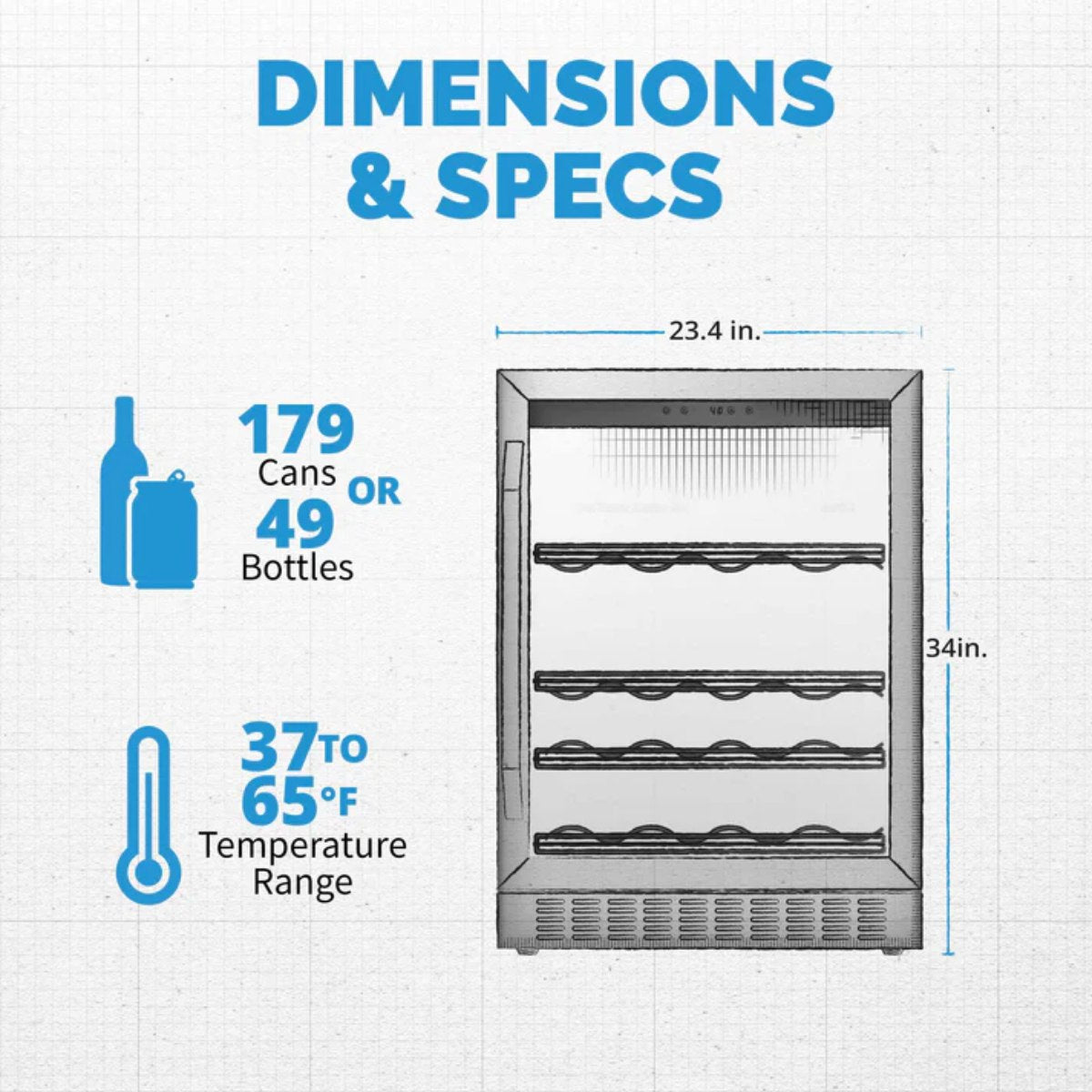 Newair FlipShelf 179 Can, 49 Bottle Reversible Shelves Fridge – 24" -  Dimensions and Specifications Shown