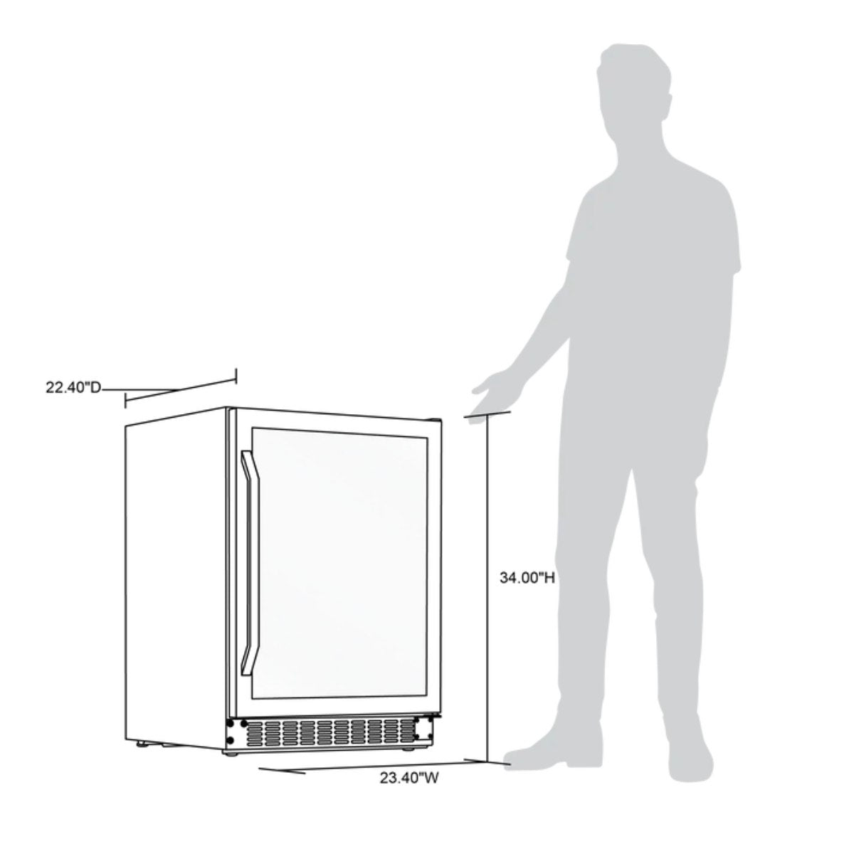 Newair FlipShelf 179 Can, 49 Bottle Reversible Shelves Fridge – 24" - Dimensions of the Fridge Shown with Human Height Comparison