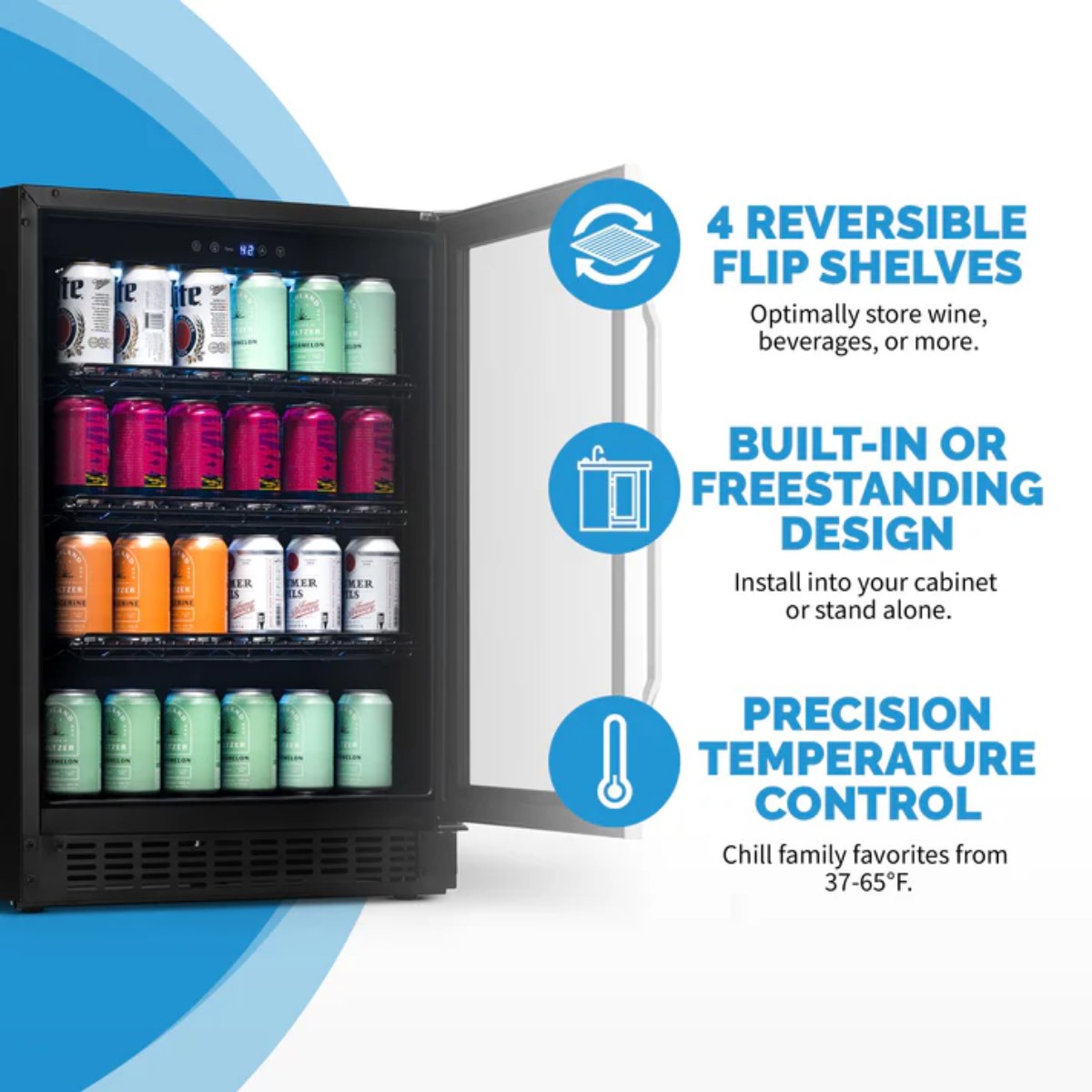 Newair FlipShelf 179 Can, 49 Bottle Reversible Shelves Fridge – 24" - Features of the Fridge Shown