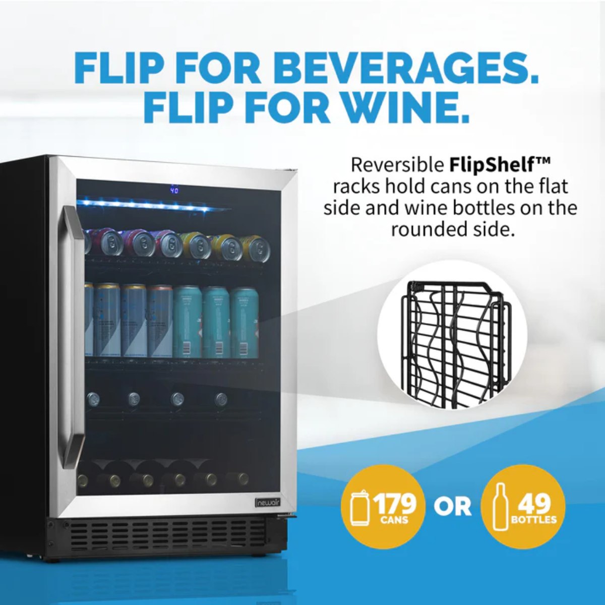 Newair FlipShelf 179 Can, 49 Bottle Reversible Shelves Fridge – 24" - Flip for beverages or flip for Wines