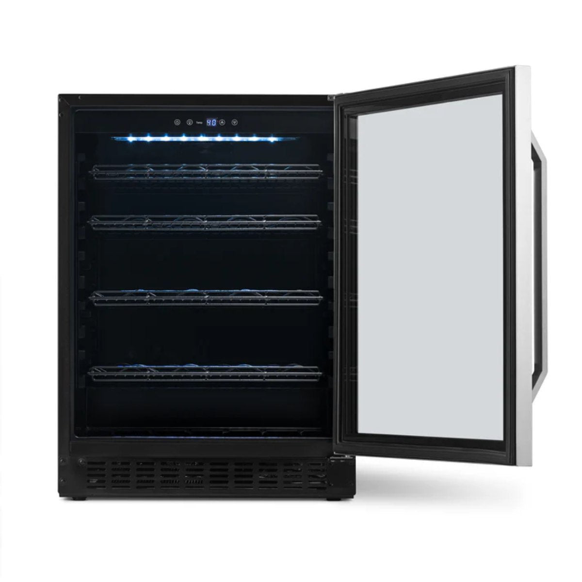 Newair FlipShelf 179 Can, 49 Bottle Reversible Shelves Fridge – 24" - Front View of the Fridge - Empty Shelves - Open Door