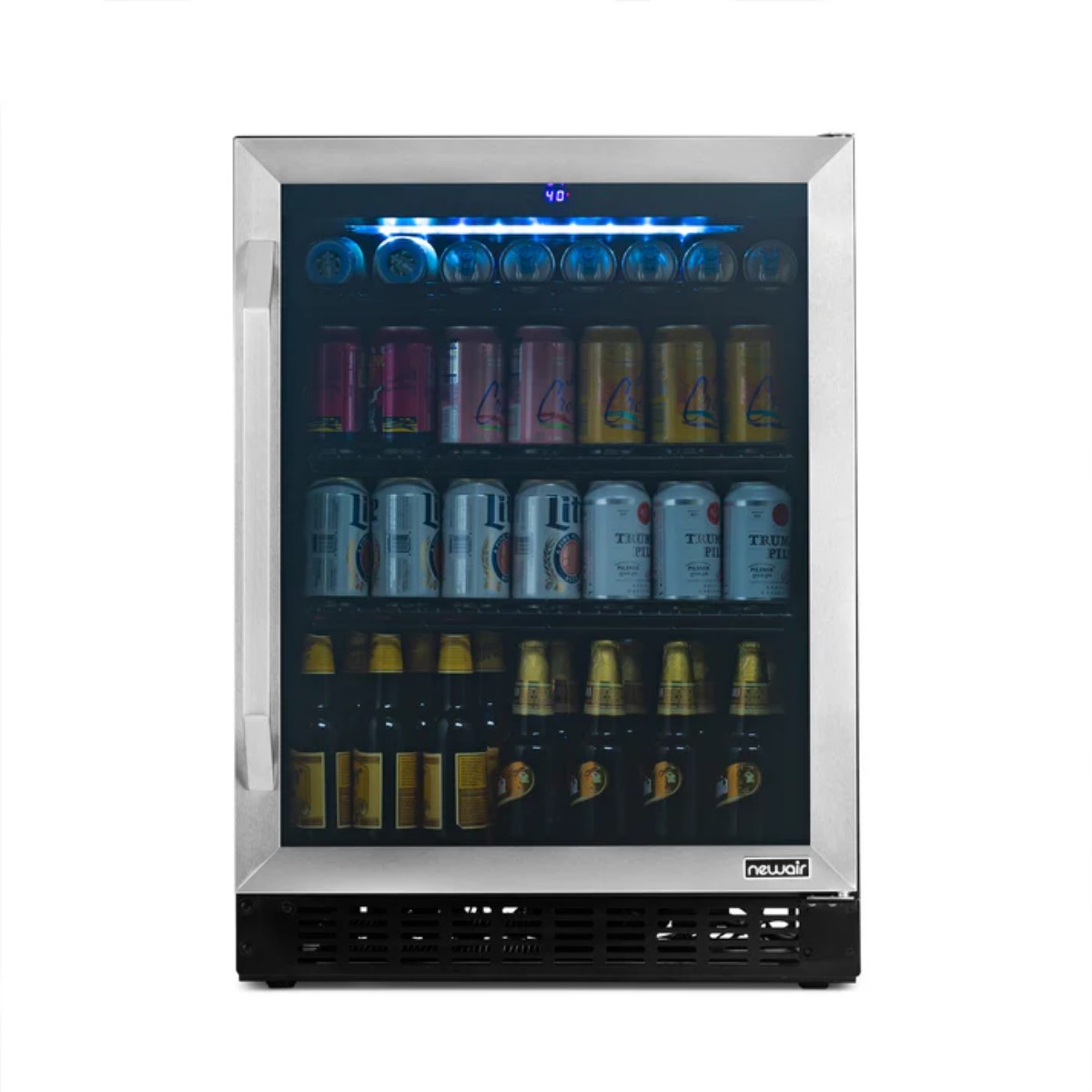 Newair FlipShelf 179 Can, 49 Bottle Reversible Shelves Fridge – 24" - Front View of the Fridge - Loaded Shelves - Closed Door