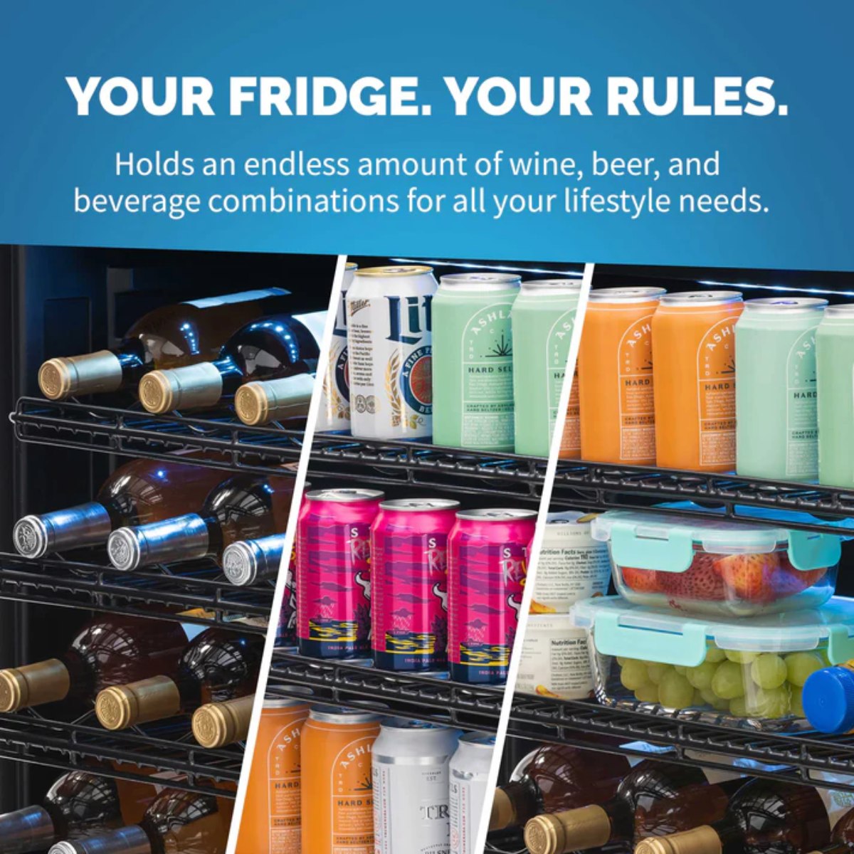 Newair FlipShelf 179 Can, 49 Bottle Reversible Shelves Fridge – 24" - Holds wine, beer and beverage combination