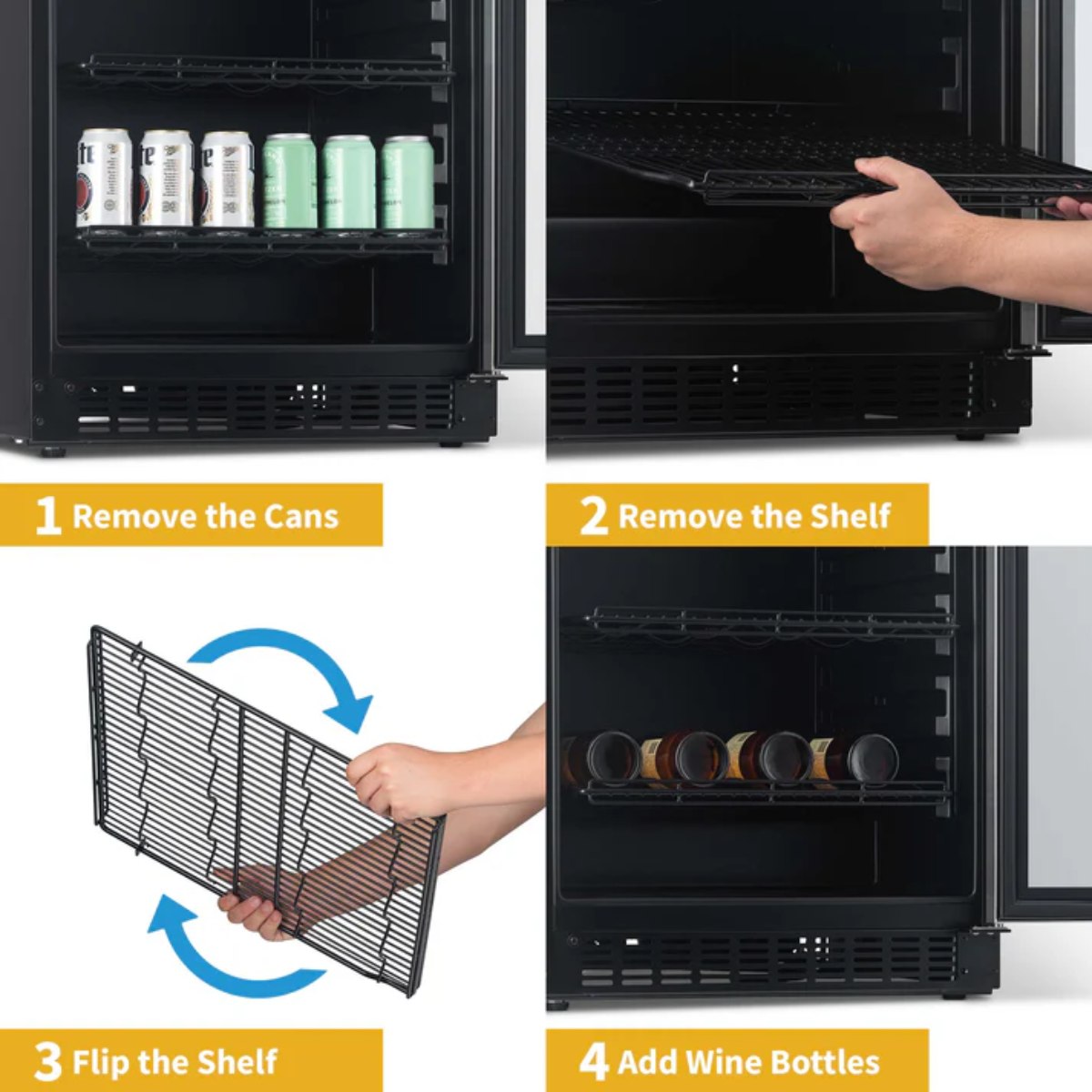 Newair FlipShelf 179 Can, 49 Bottle Reversible Shelves Fridge – 24" - Instructions on how to flip the shelves
