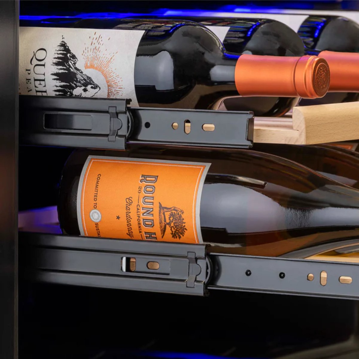 Newair FlipShelf 70 Can, 20 Bottle Built In Dual Zone Fridge – 24" - Close up view of the Sliding Racks