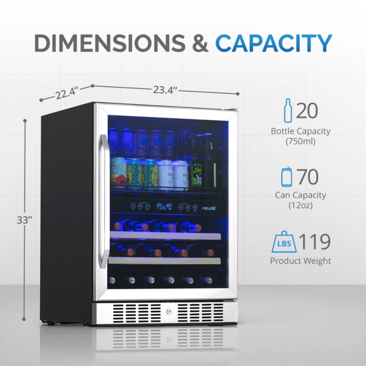 Newair FlipShelf 70 Can, 20 Bottle Built In Dual Zone Fridge – 24" - Dimensions and Capacity Shown