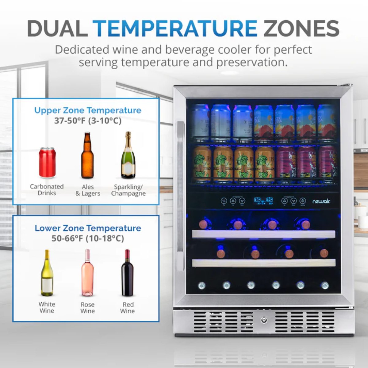 Newair FlipShelf 70 Can, 20 Bottle Built In Dual Zone Fridge – 24" - Dual Temperature Zones Upper and Lower