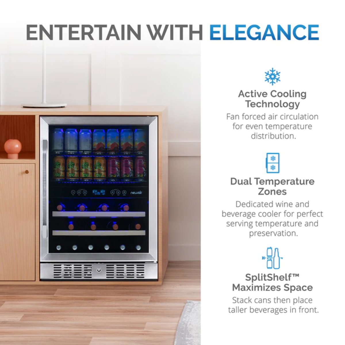 Newair FlipShelf 70 Can, 20 Bottle Built In Dual Zone Fridge – 24" - Entertain with Elegance