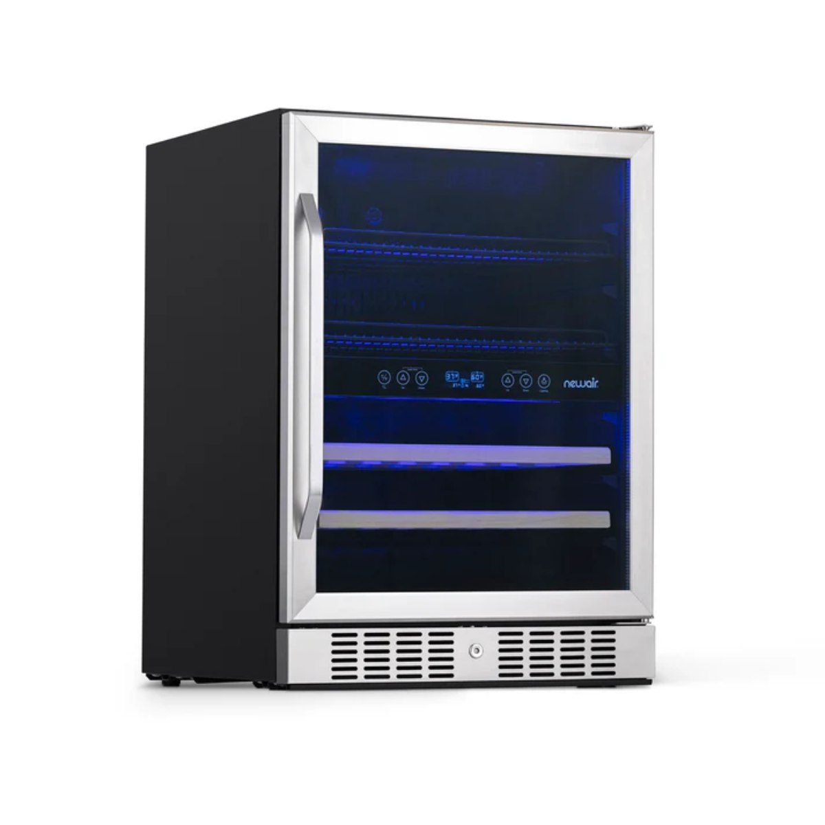 Newair FlipShelf 70 Can, 20 Bottle Built In Dual Zone Fridge – 24" - Front Left View - Empty Shelves - Closed Door