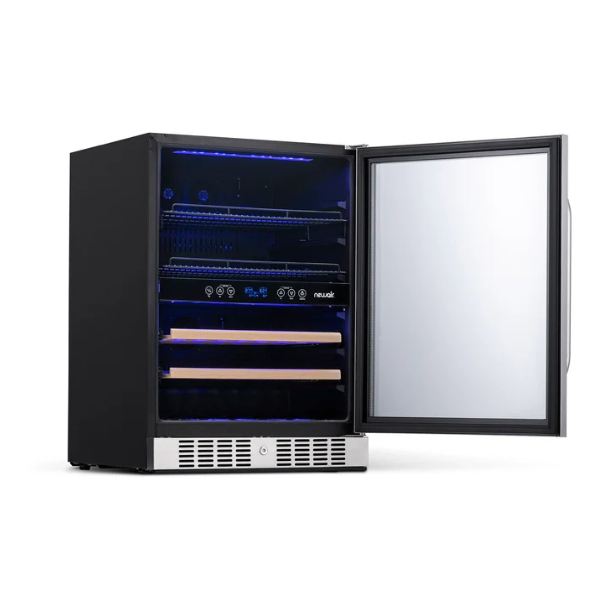 Newair FlipShelf 70 Can, 20 Bottle Built In Dual Zone Fridge – 24" - Front Left View - Empty Shelves - Open Door