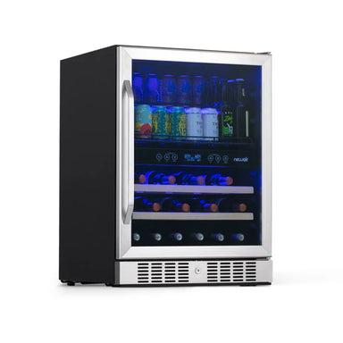 Newair FlipShelf 70 Can, 20 Bottle Built In Dual Zone Fridge – 24" - Front Left View - Loaded Shelves - Closed Door