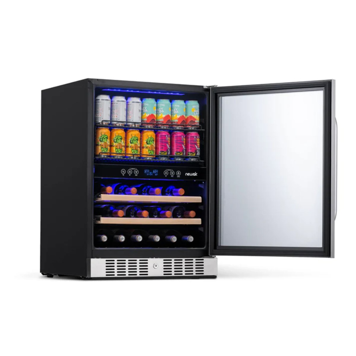 Newair FlipShelf 70 Can, 20 Bottle Built In Dual Zone Fridge – 24" - Front Left View - Loaded Shelves - Open Door