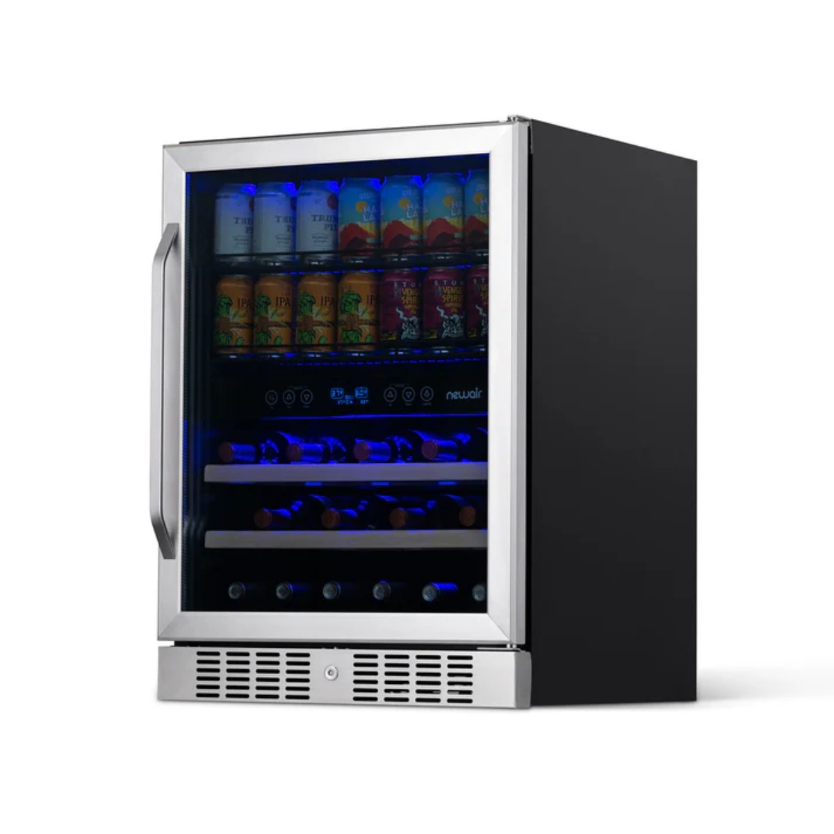 Newair FlipShelf 70 Can, 20 Bottle Built In Dual Zone Fridge – 24" - Front Right View - Loaded Shelves - Closed Door