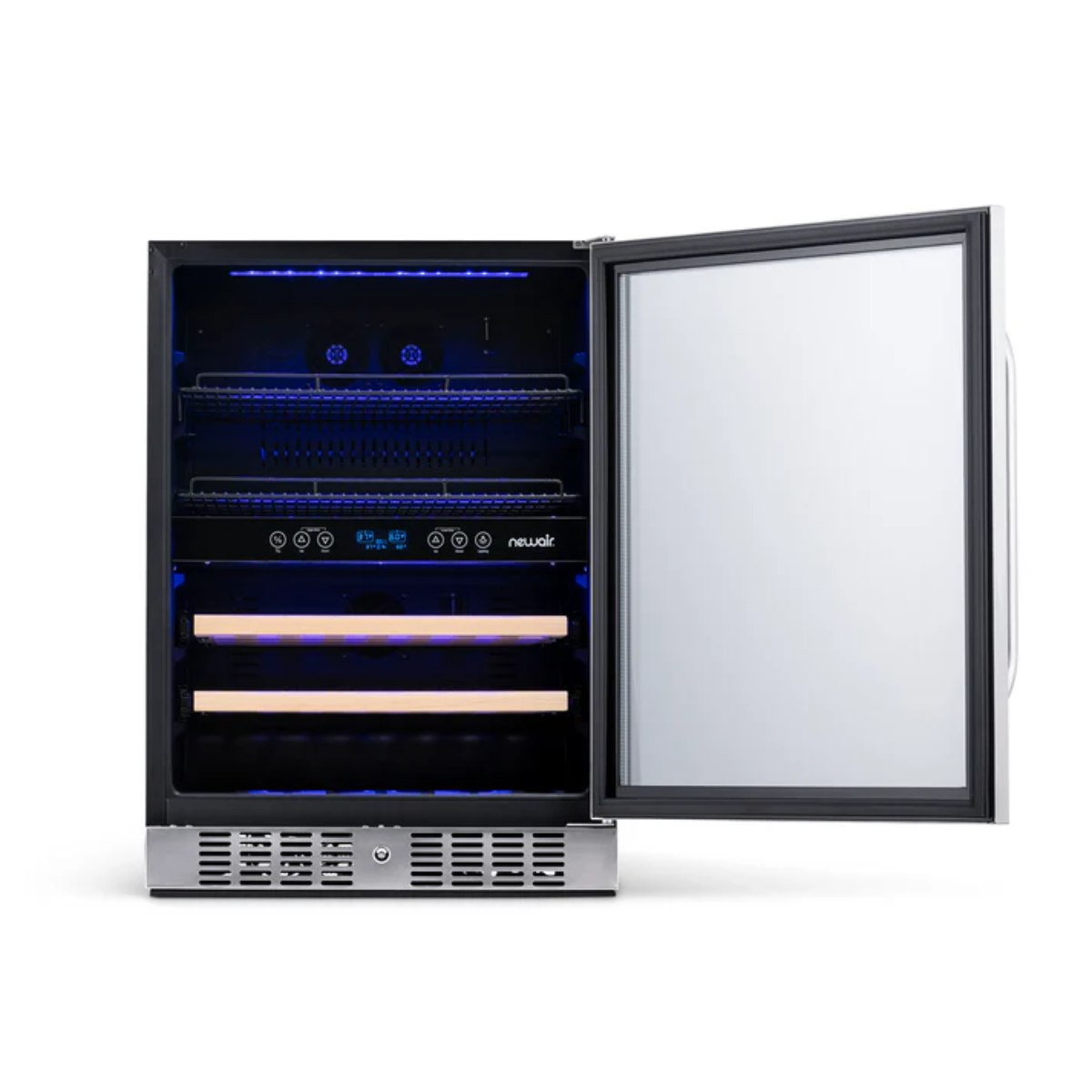 Newair FlipShelf 70 Can, 20 Bottle Built In Dual Zone Fridge – 24" - Front View - Empty Shelves - Open Door