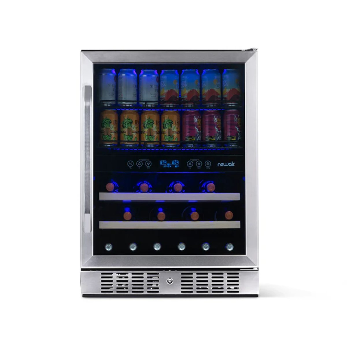 Newair FlipShelf 70 Can, 20 Bottle Built In Dual Zone Fridge – 24" - Front View - Loaded Shelves - Closed Door