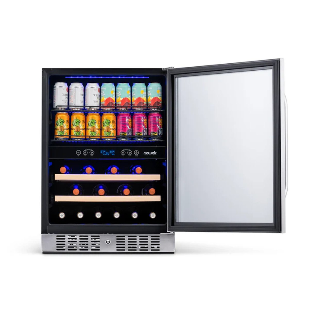 Newair FlipShelf 70 Can, 20 Bottle Built In Dual Zone Fridge – 24" - Front View - Loaded Shelves - Open Door