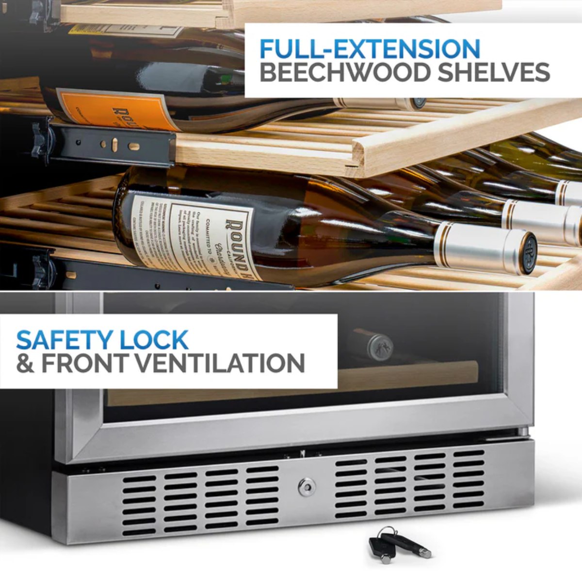 Newair FlipShelf 70 Can, 20 Bottle Built In Dual Zone Fridge – 24" - Full Extension Beechwood Shelves, Safety Lock and Front Ventilation