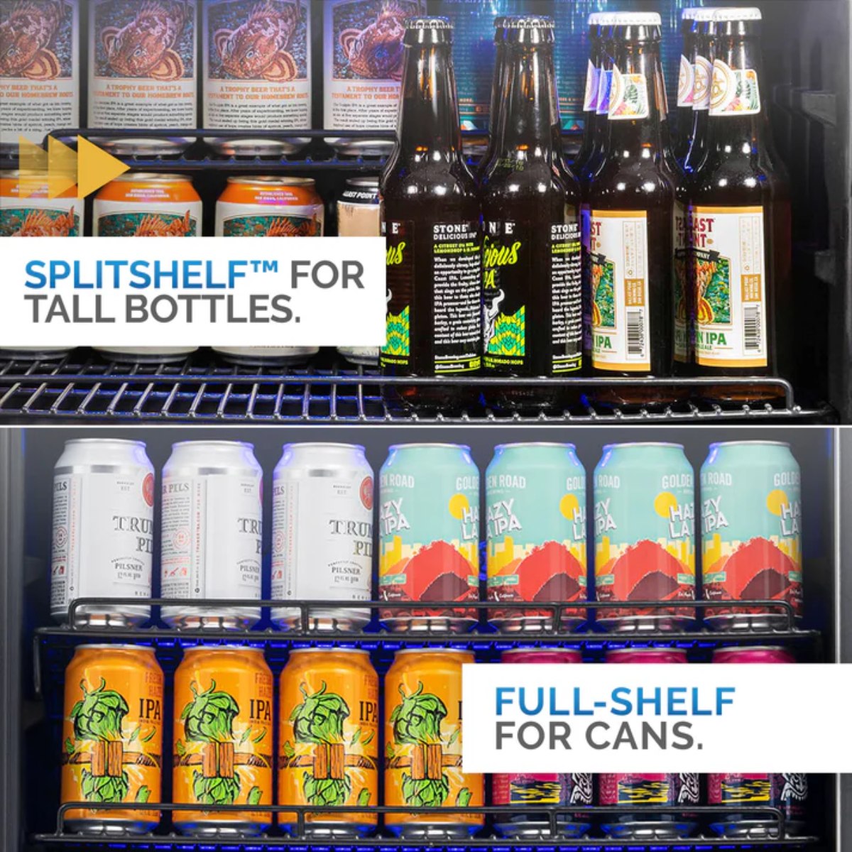 Newair FlipShelf 70 Can, 20 Bottle Built In Dual Zone Fridge – 24" - Splitshelf for Tall bottles, Full shelf for cans