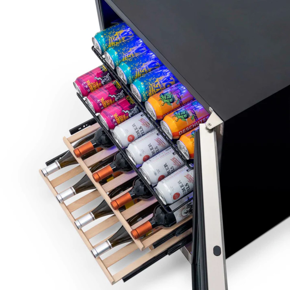 Newair FlipShelf 70 Can, 20 Bottle Built In Dual Zone Fridge – 24" - Top View of the fridge with Wines and Beverage Shown