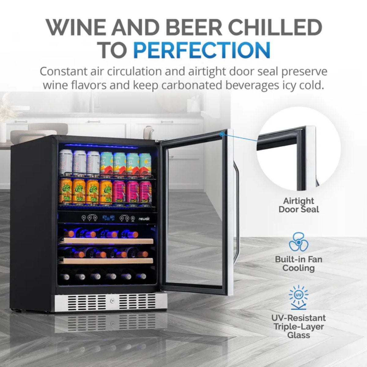 Newair FlipShelf 70 Can, 20 Bottle Built In Dual Zone Fridge – 24" - Wine and Beer Chilled to Perfection