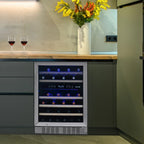Newair Premium 46 Bottle Built-In Wine Fridge – 23.5" Stainless Steel - Close up view of the fridge with stainless steel frame in modern kitchen