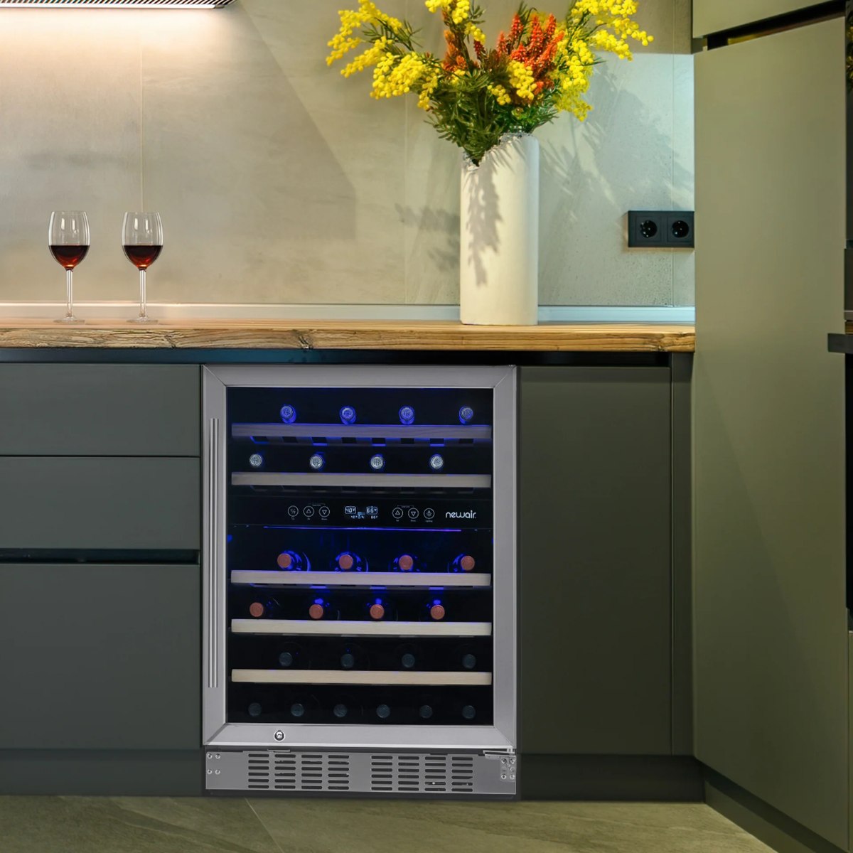 Newair Premium 46 Bottle Built-In Wine Fridge – 23.5" Stainless Steel - Close up view of the fridge with stainless steel frame in modern kitchen
