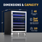 Newair Premium 46 Bottle Built-In Wine Fridge – 23.5" Stainless Steel - Dimensions and Capacity Shown