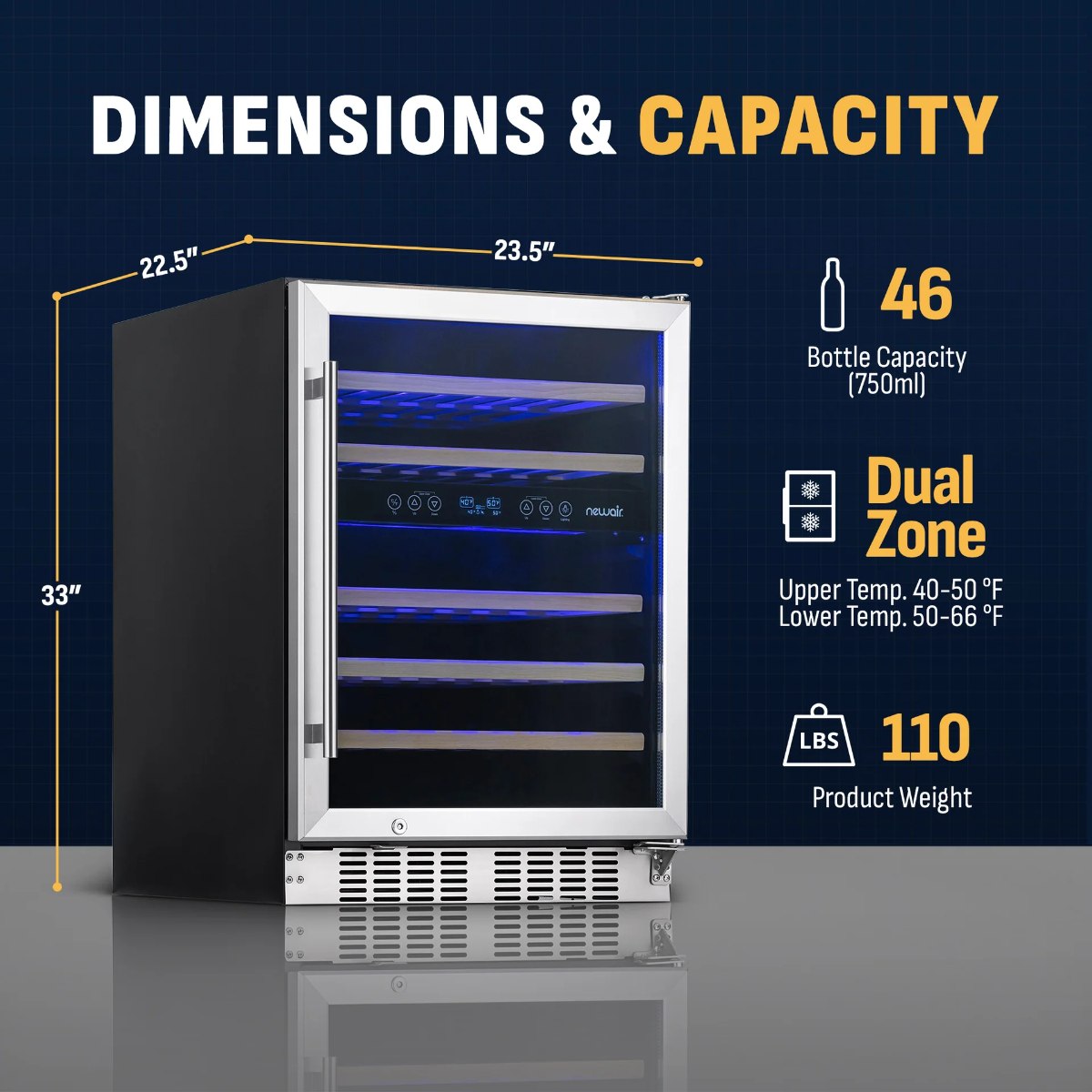 Newair Premium 46 Bottle Built-In Wine Fridge – 23.5" Stainless Steel - Dimensions and Capacity Shown
